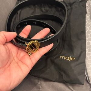 Maje Black Leather Belt with Gold Accent